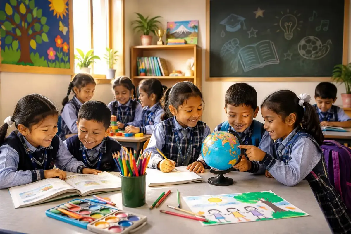 Maia Academy students exploring a globe in a vibrant classroom